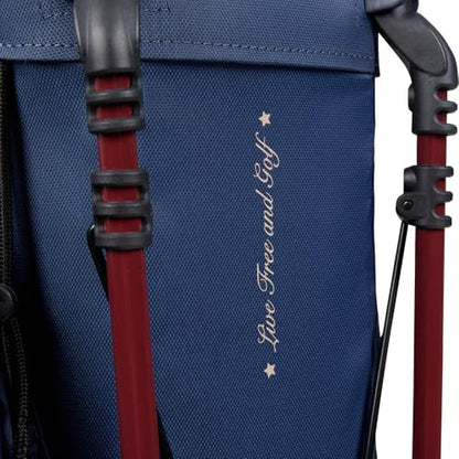 Blue backpack with red straps and 'Live Free and Erf' text on a white background