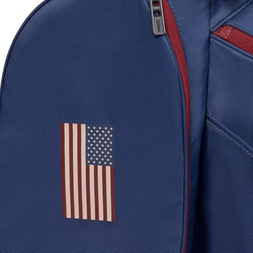 Blue backpack with an American flag patch on a white background