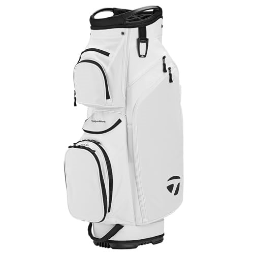 White golf cart bag with black accents on a white background