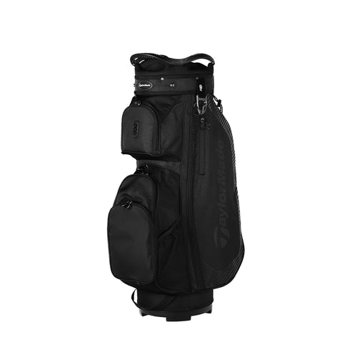 Black golf bag with TaylorMade logo on a white background