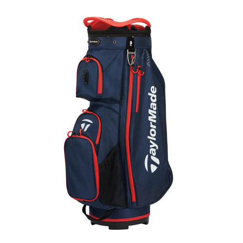 Navy and red TaylorMade golf bag on a white background
