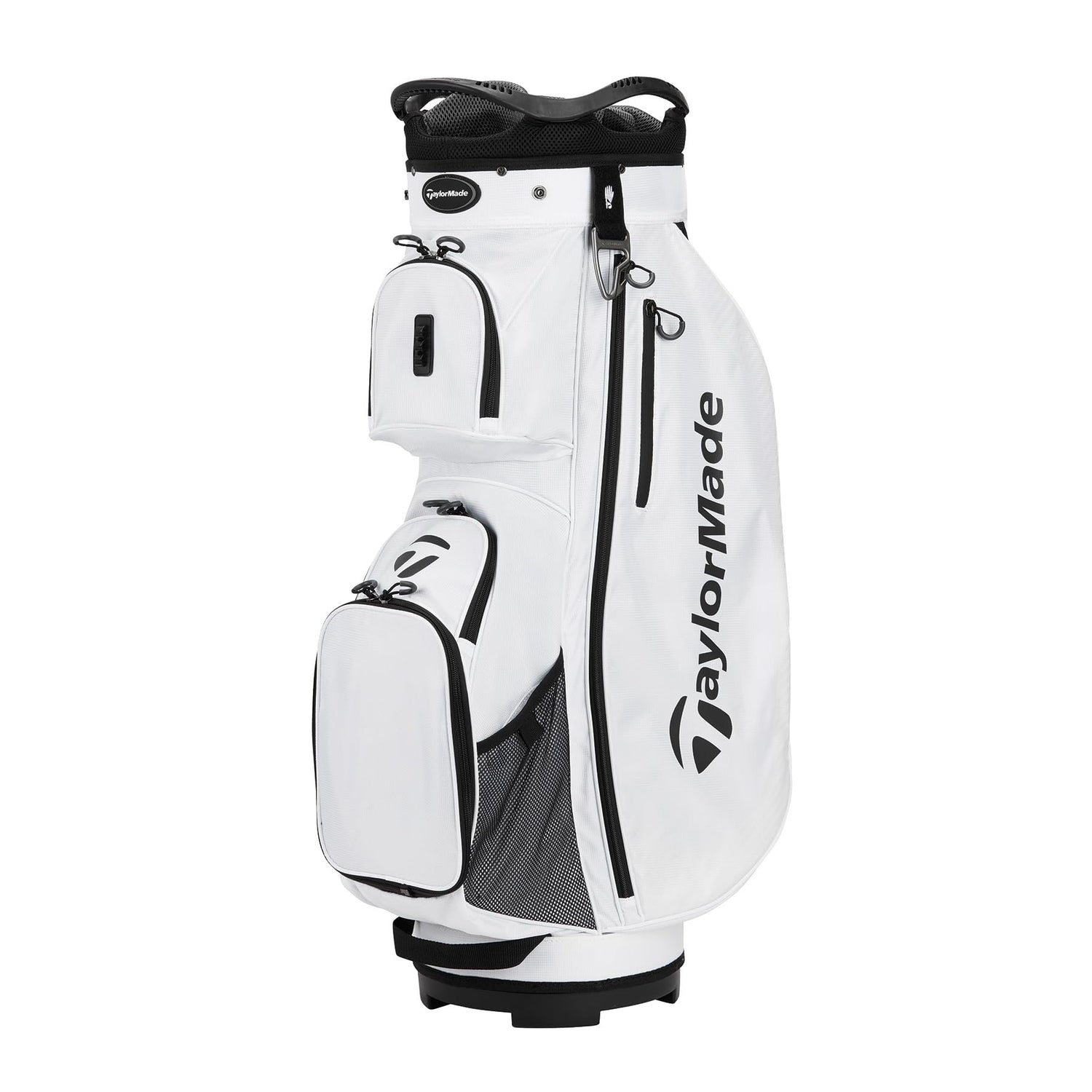 White golf bag with black accents and TaylorMade logo on a white background