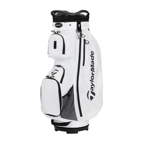 White golf bag with black accents and TaylorMade logo on a white background