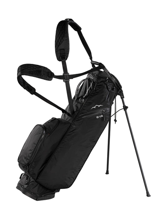 Black golf bag with stand on a white background