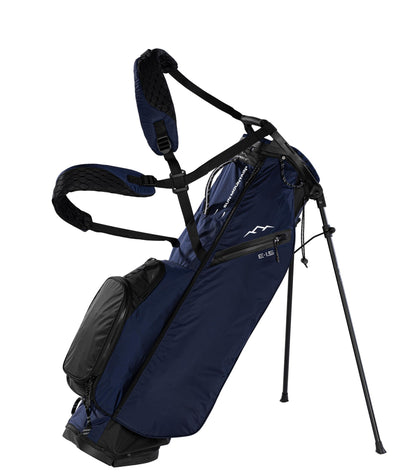 Blue golf bag with black stand on a white background