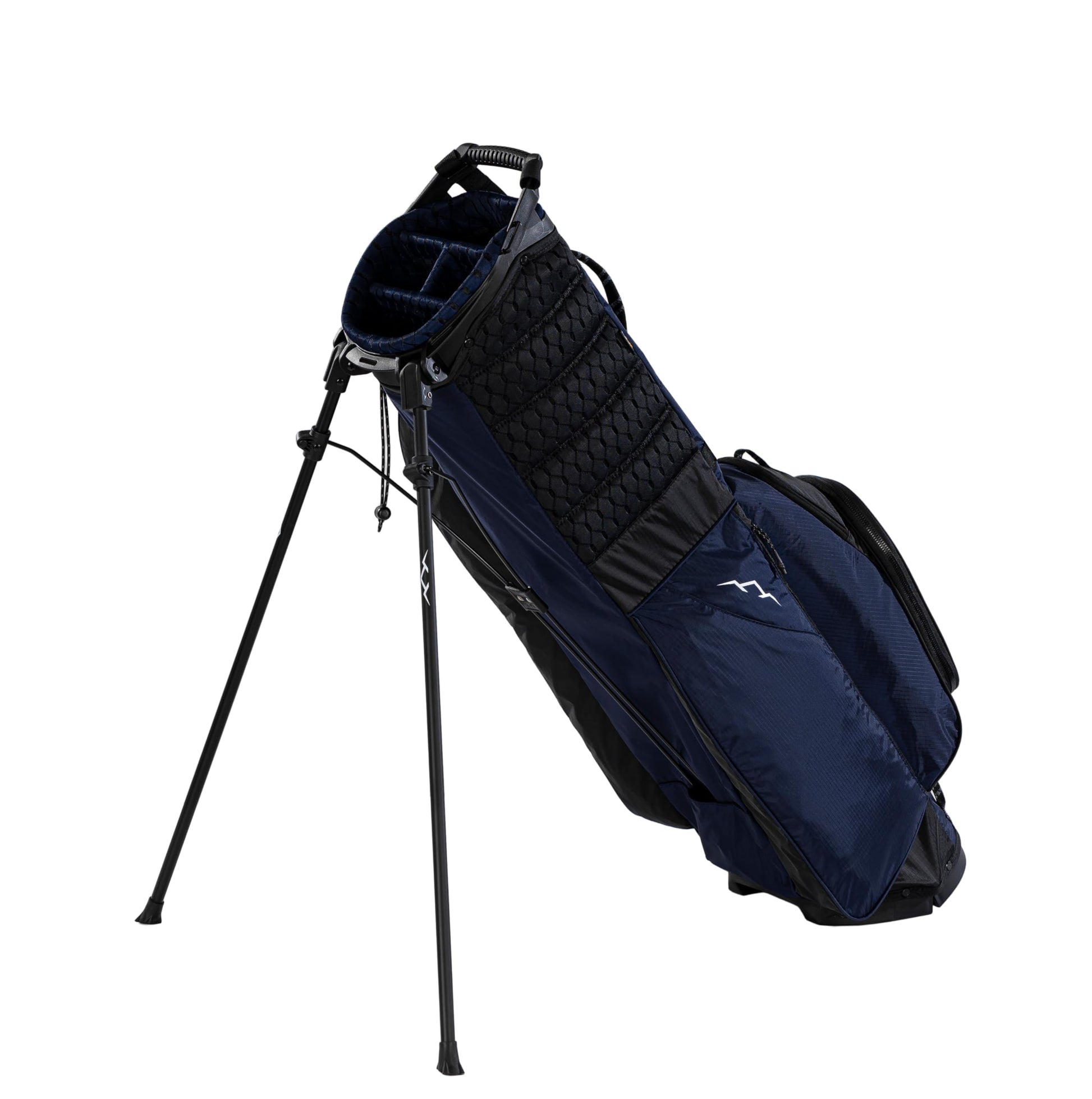 Navy golf bag with stand on a white background