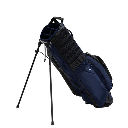 Navy golf bag with stand on a white background