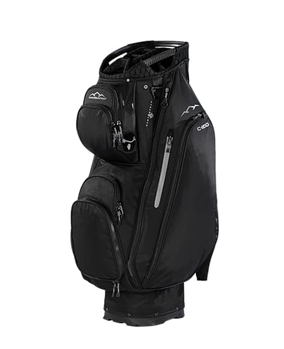Black golf cart bag with multiple pockets and zippers on a white background