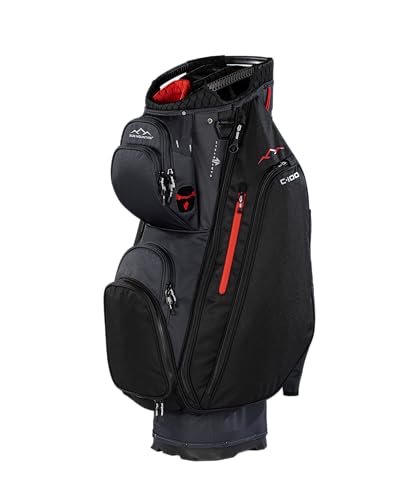 Black golf bag with red accents on a white background