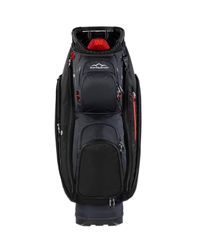 Black golf bag with red accents on a white background
