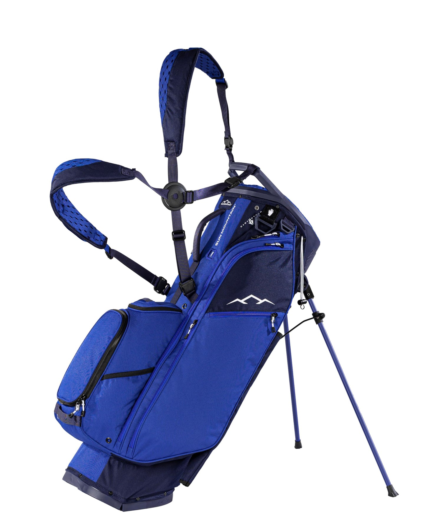 Blue golf bag with stand on a white background