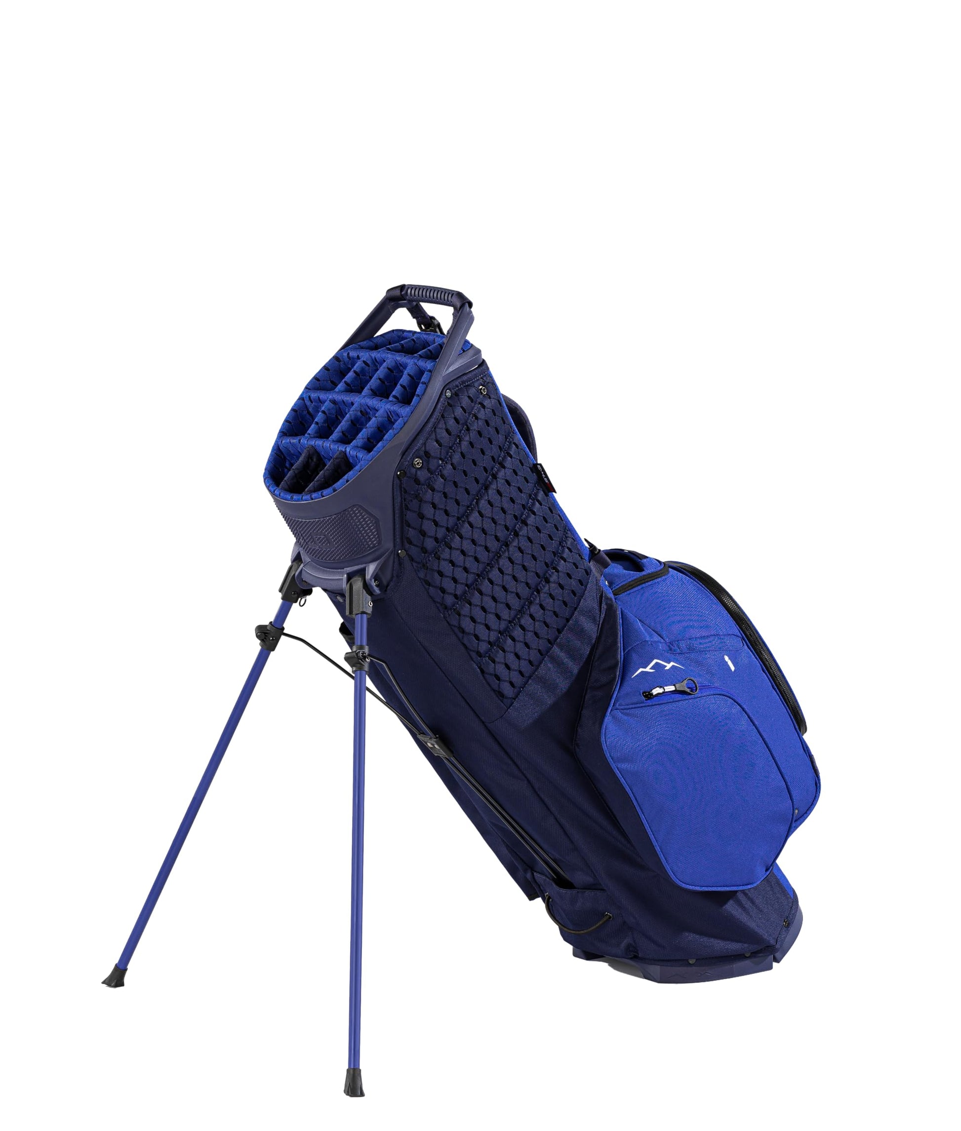 Blue golf bag with stand on a white background