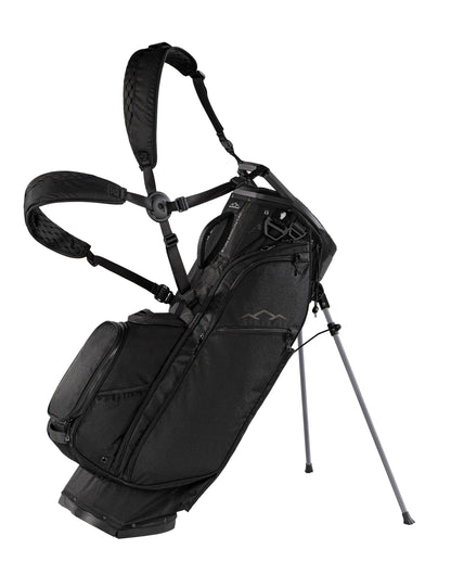 Black golf bag with stand on a white background