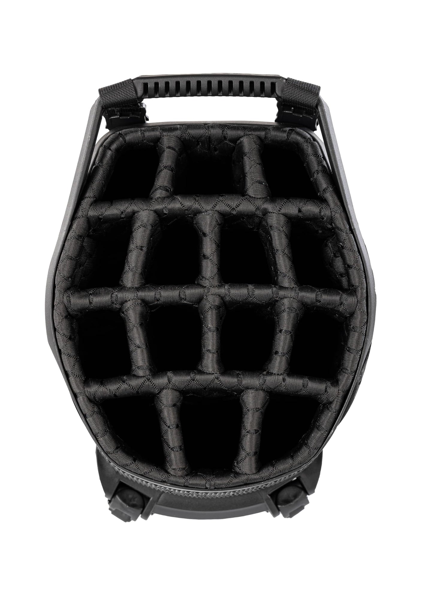 Close-up of a golf bag 14-way top in black.