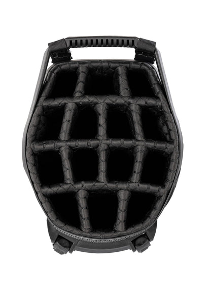 Close-up of a golf bag 14-way top in black.