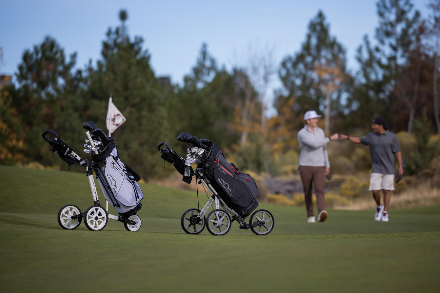 Two golf carts with bags on a golf course with two people interacting.