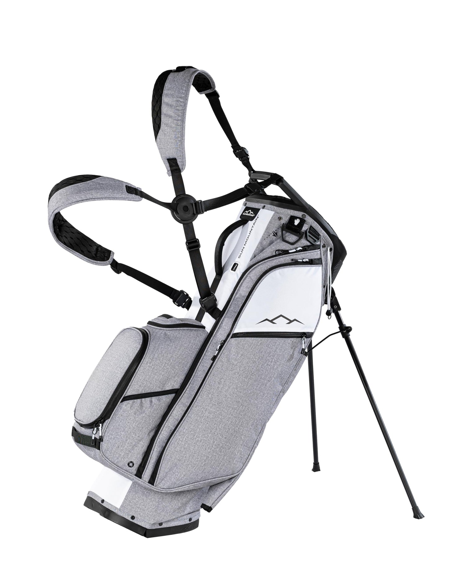 Gray and white golf bag with stand on a white background