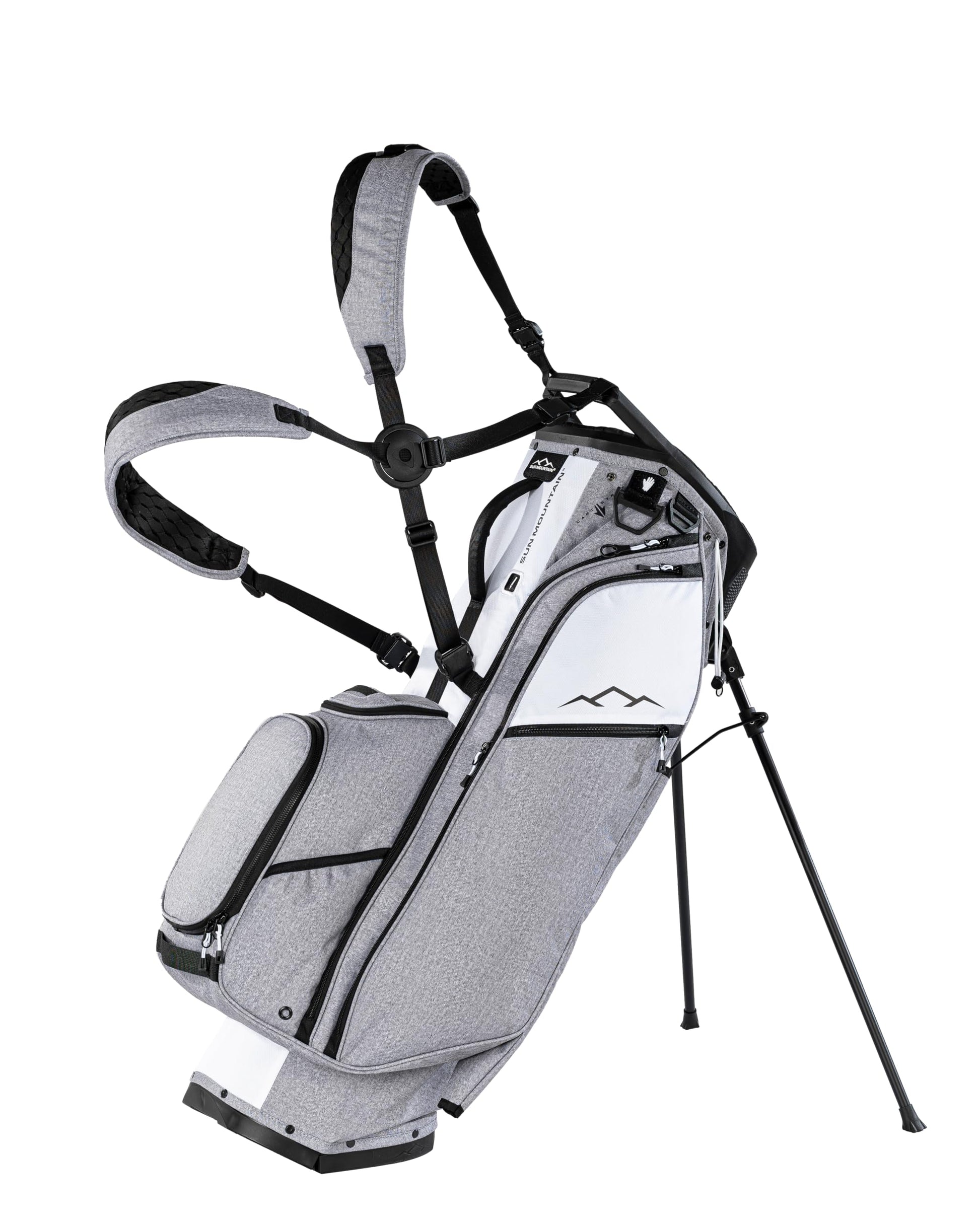 Gray and white golf bag with stand on a white background