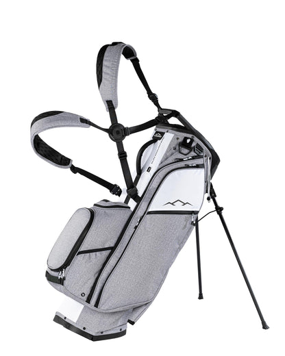 Gray and white golf bag with stand on a white background