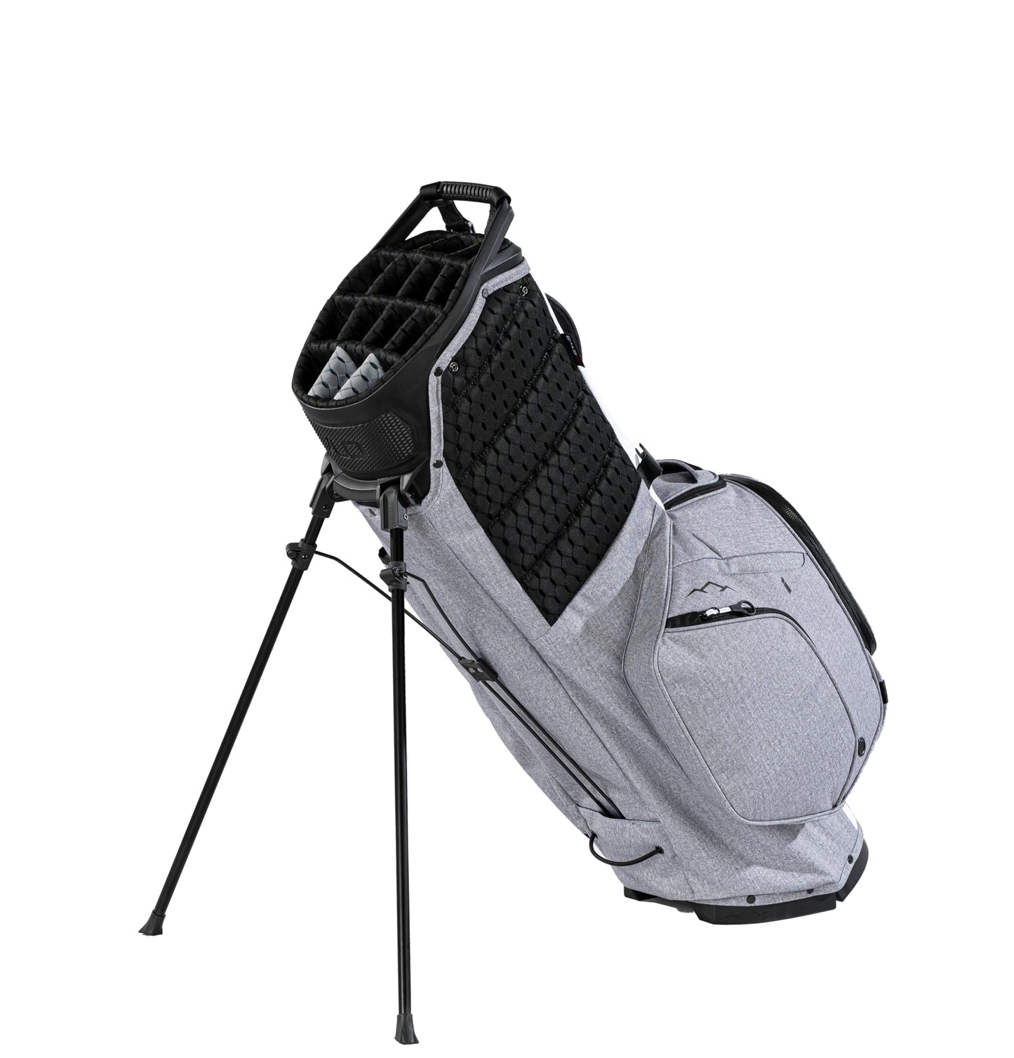 Gray golf stand bag with black accents on a white background