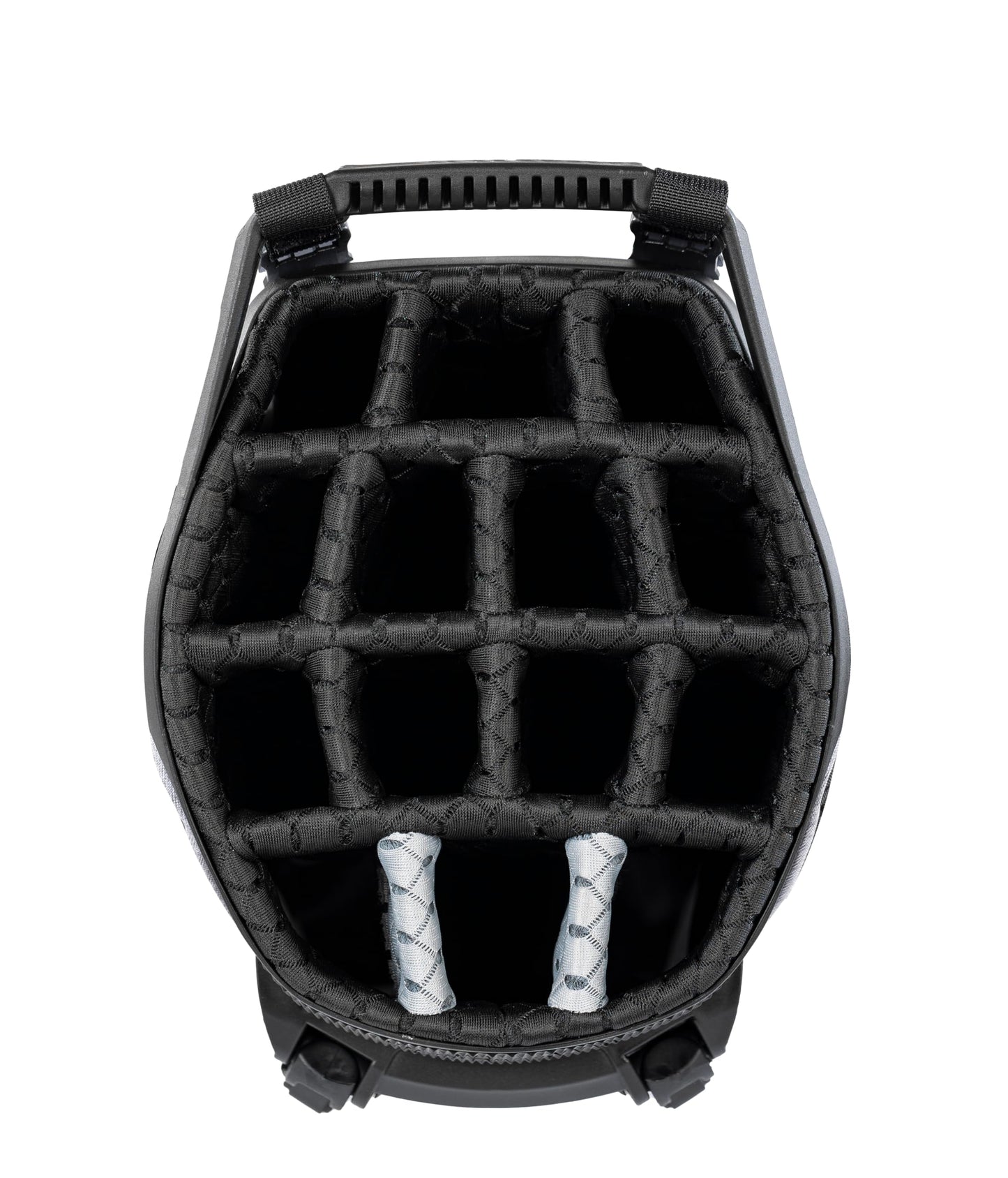 Close-up of a golf bag 14-way top in black.