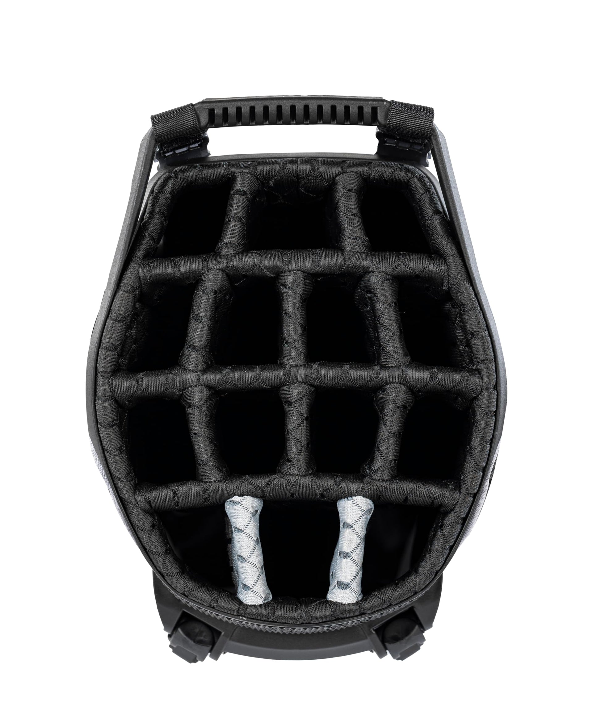 Close-up of a golf bag 14-way top in black.