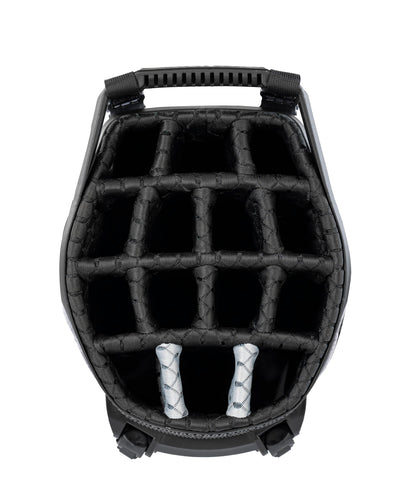 Close-up of a golf bag 14-way top in black.