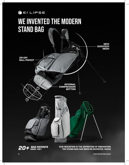 Eclipse golf stand bag advertisement with features highlighted on a black background