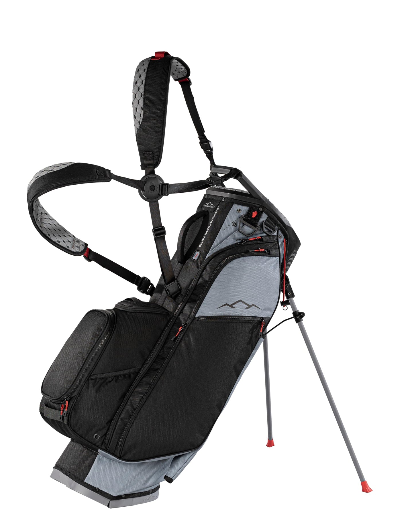Black and gray golf bag with stand on a white background