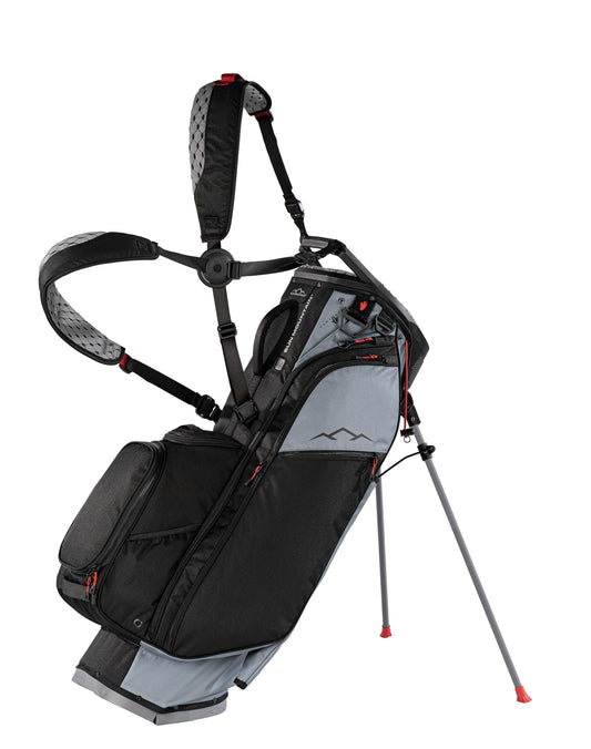 Black and gray golf bag with stand on a white background