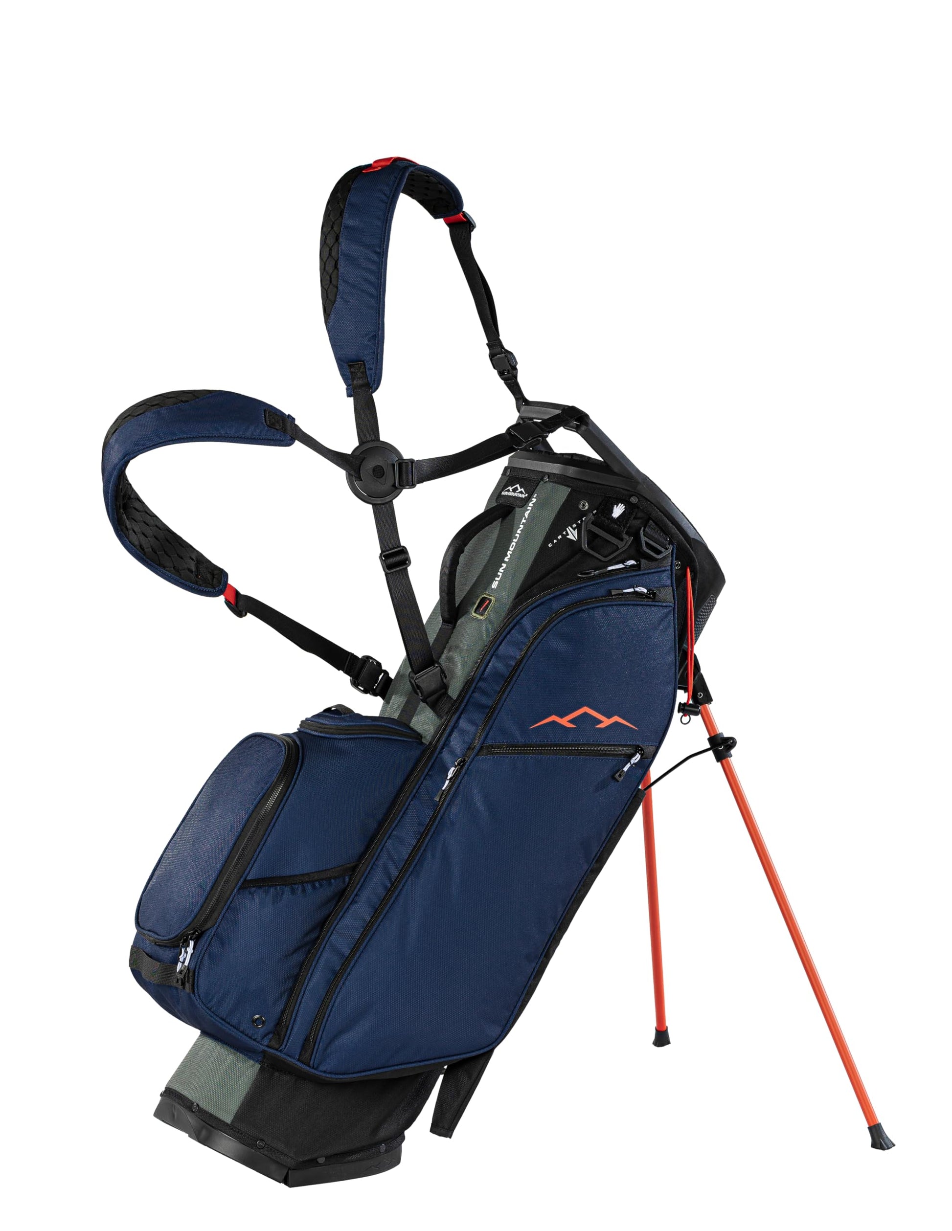Blue golf bag with red accents on a white background