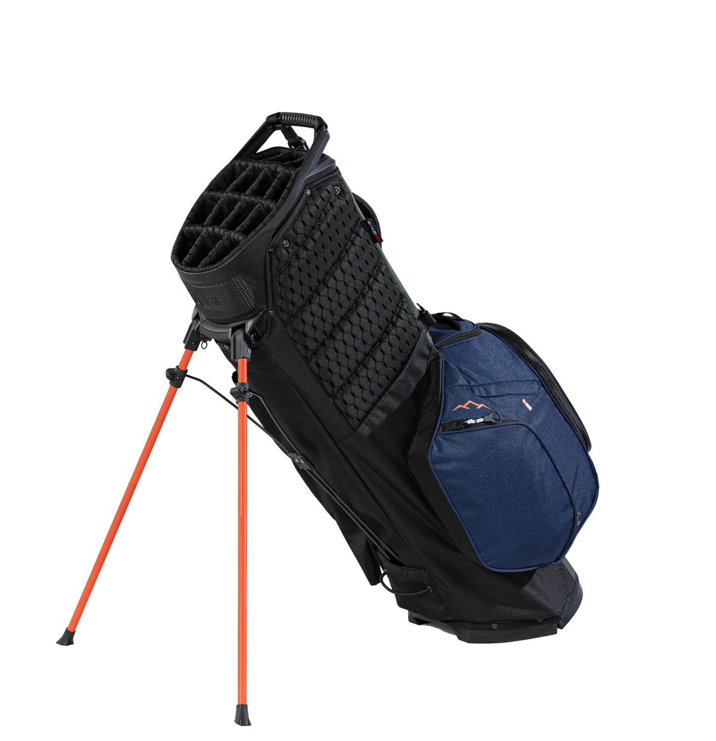 Black and blue golf bag with orange stand on a white background