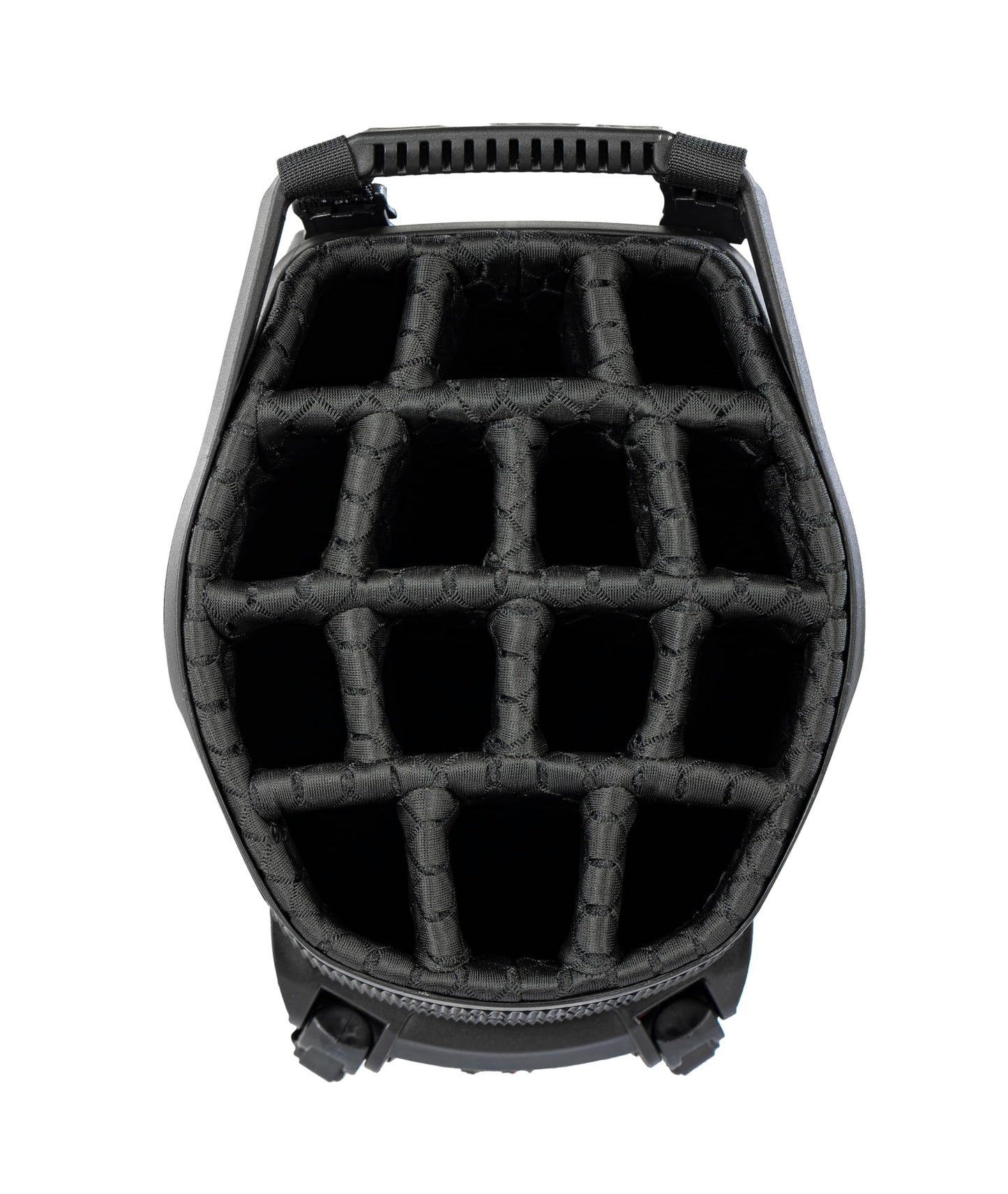 Close-up of a golf bag 14-way top in black.