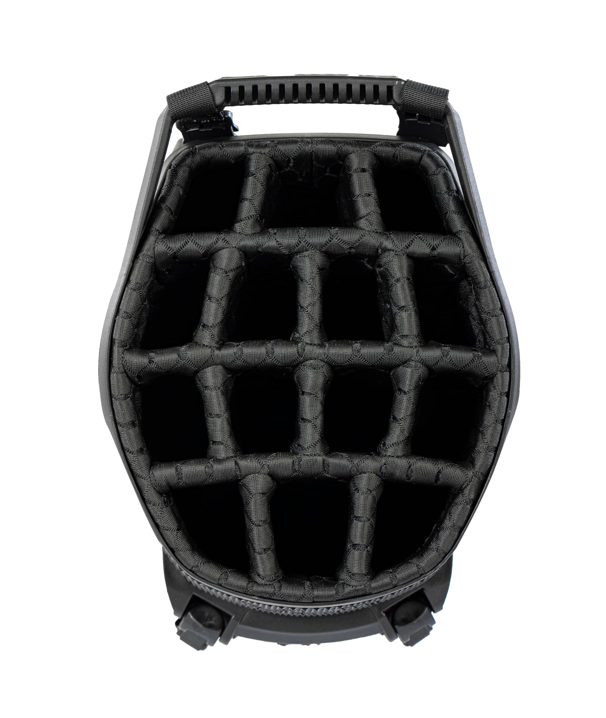 Close-up of a golf bag 14-way top in black.