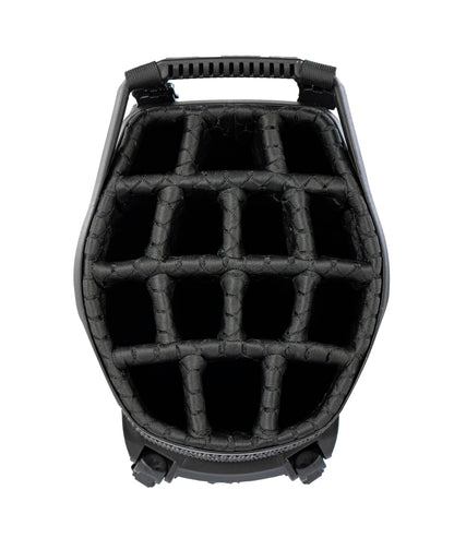 Close-up of a golf bag 14-way top in black.