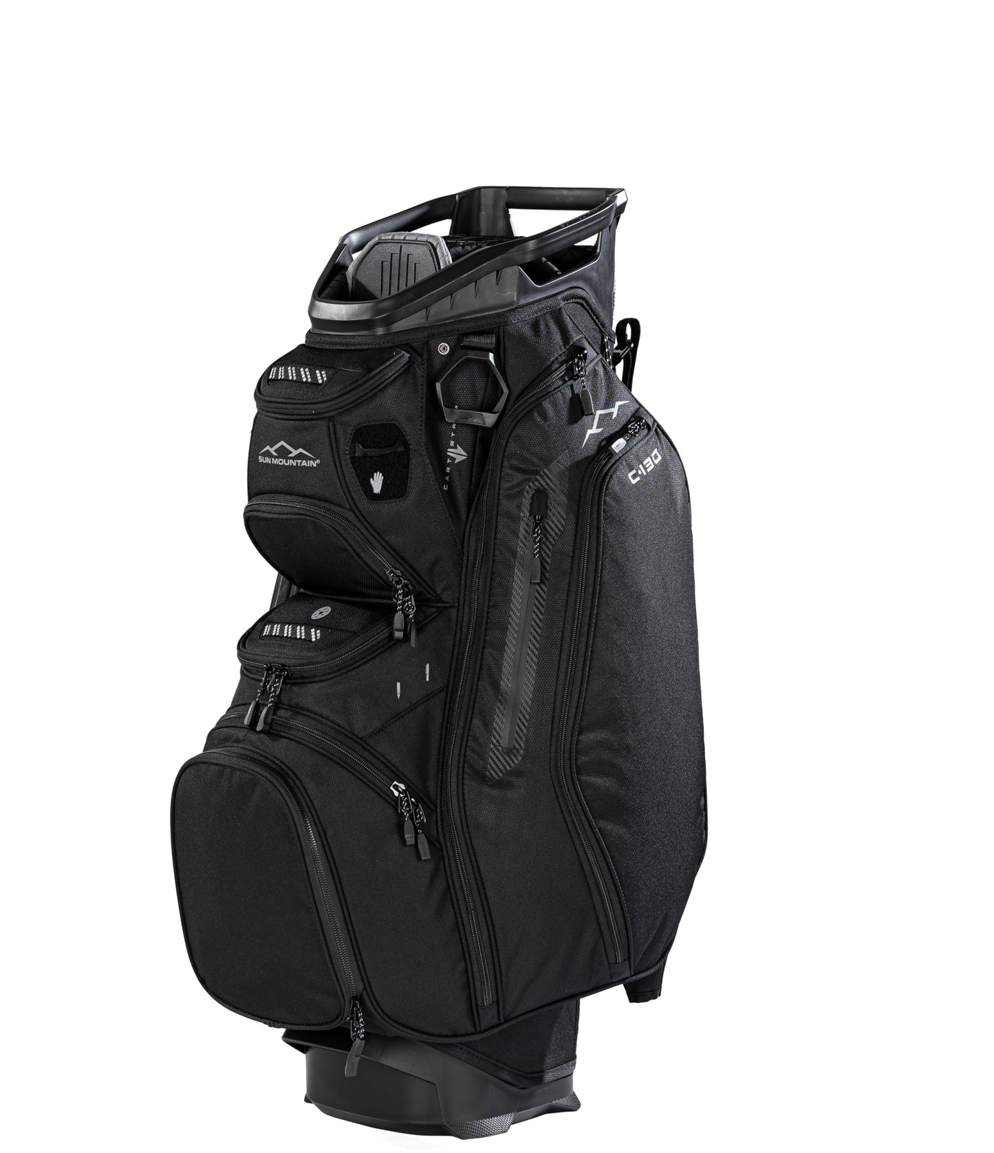 Black golf bag with multiple compartments on a white background