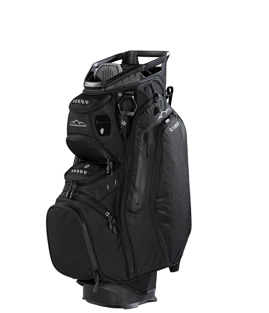 Black golf bag with multiple compartments on a white background