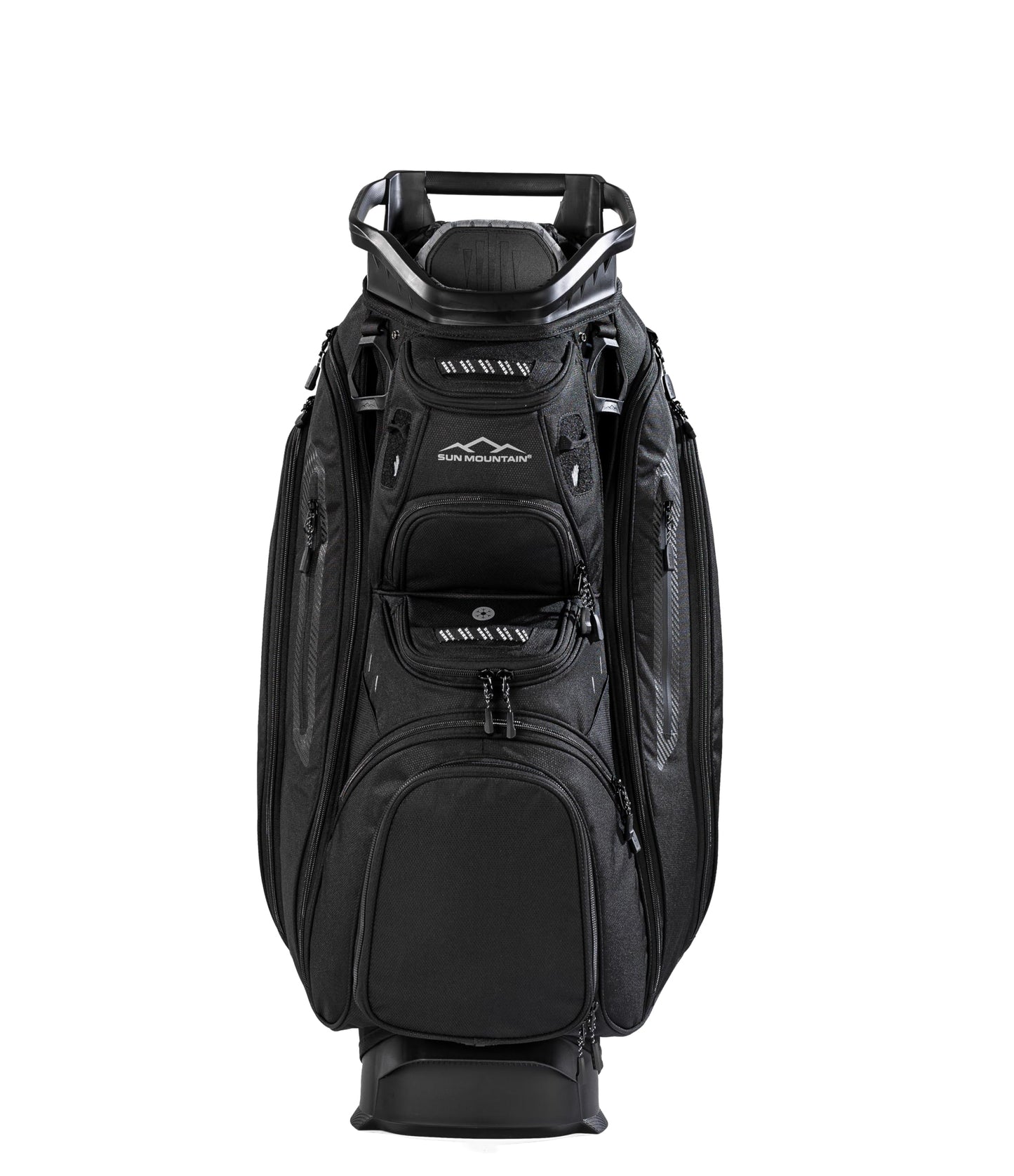 Black golf bag with a visible brand logo on a white background