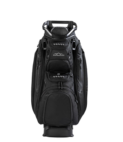 Black golf bag with a visible brand logo on a white background