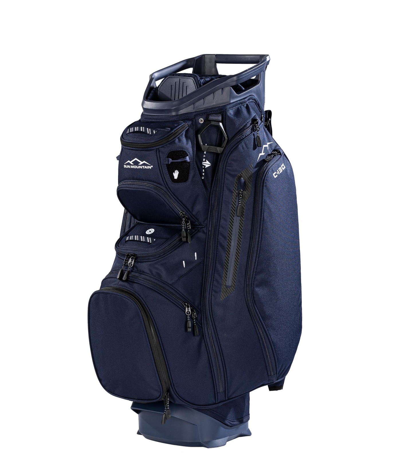 Navy blue golf bag with multiple compartments on a white background
