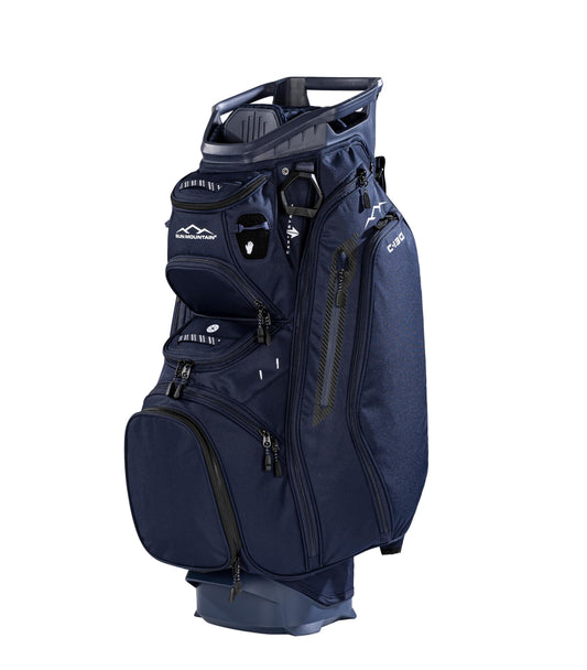 Navy blue golf bag with multiple compartments on a white background
