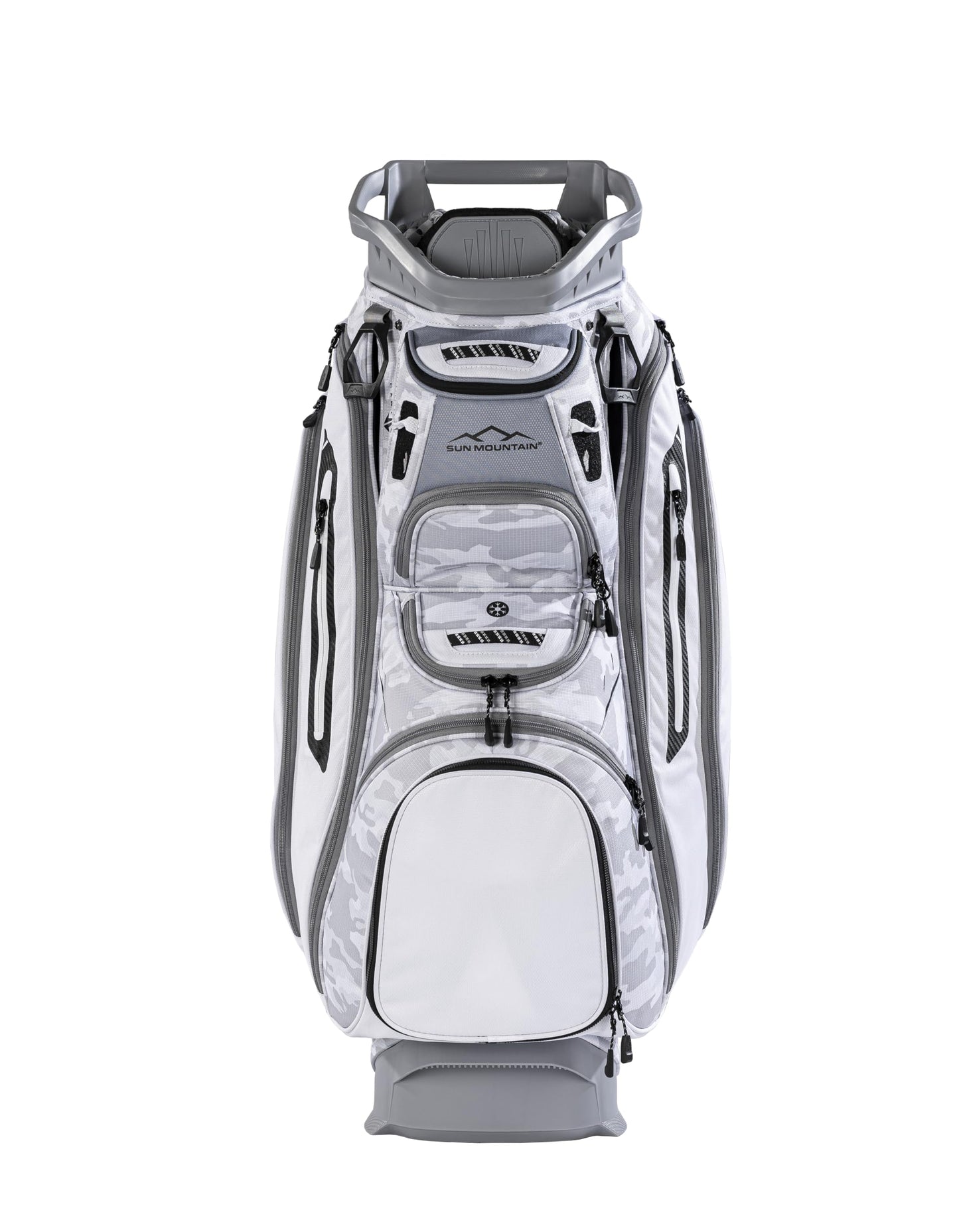 Gray and white golf bag with a visible brand logo on a white background