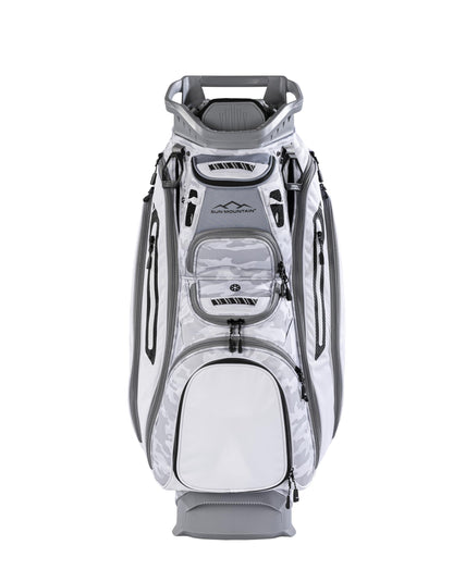 Gray and white golf bag with a visible brand logo on a white background