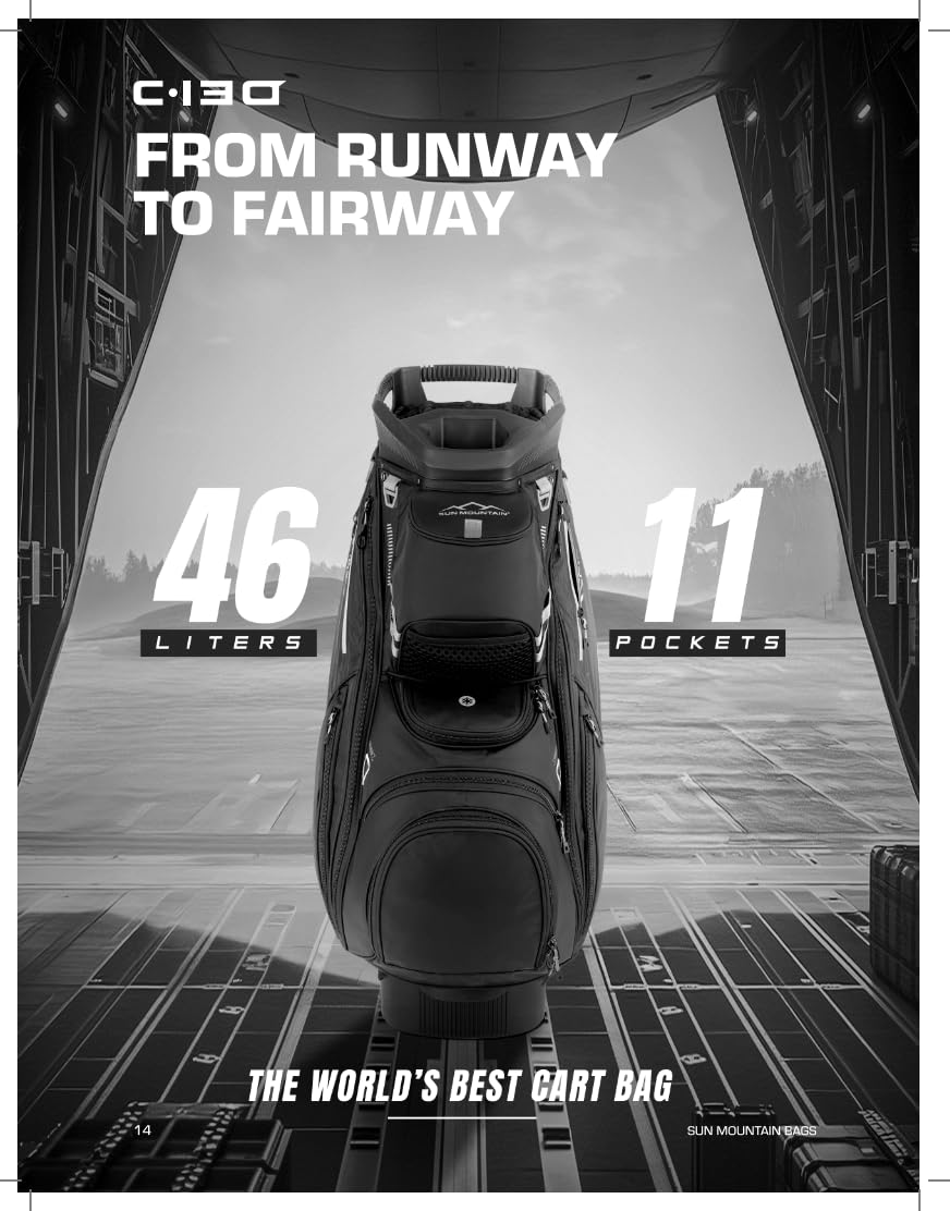 Golf cart bag with specifications on a runway background