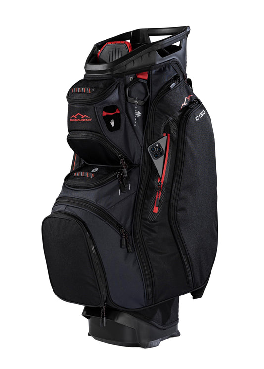 Black golf cart bag with red accents on a white background