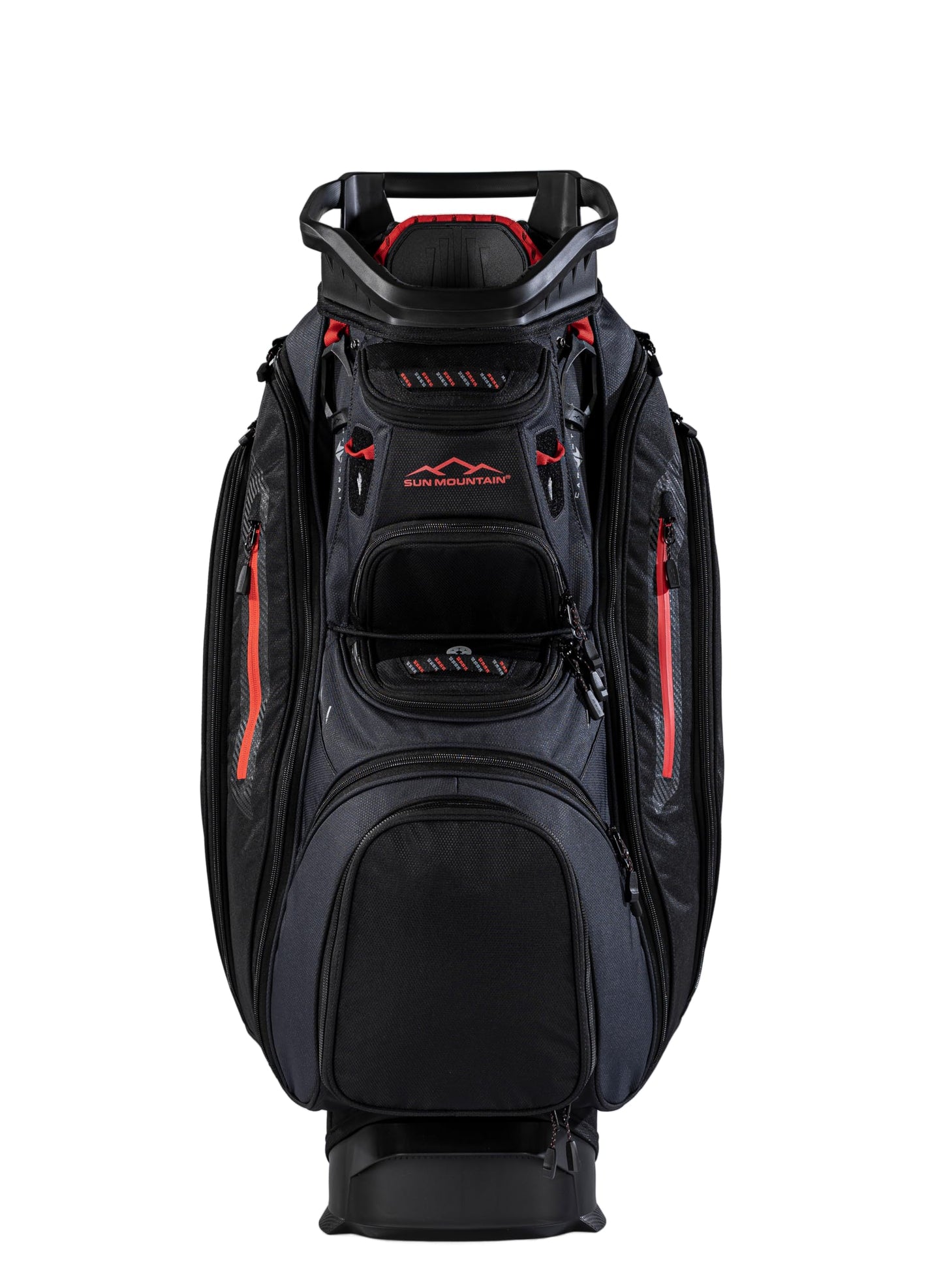 Black golf bag with red accents on a white background