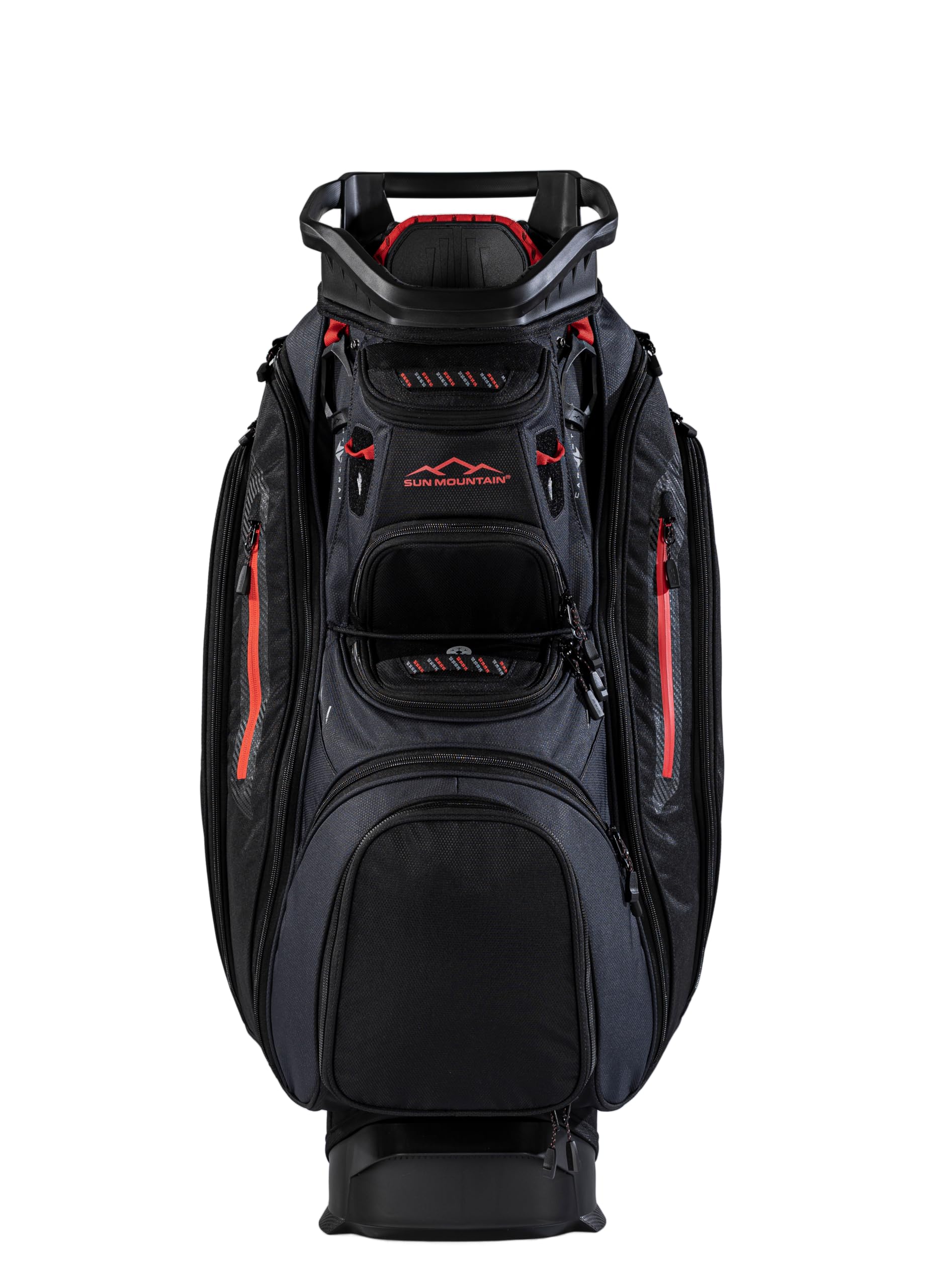Black golf bag with red accents on a white background