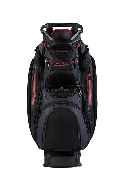 Black golf bag with red accents on a white background