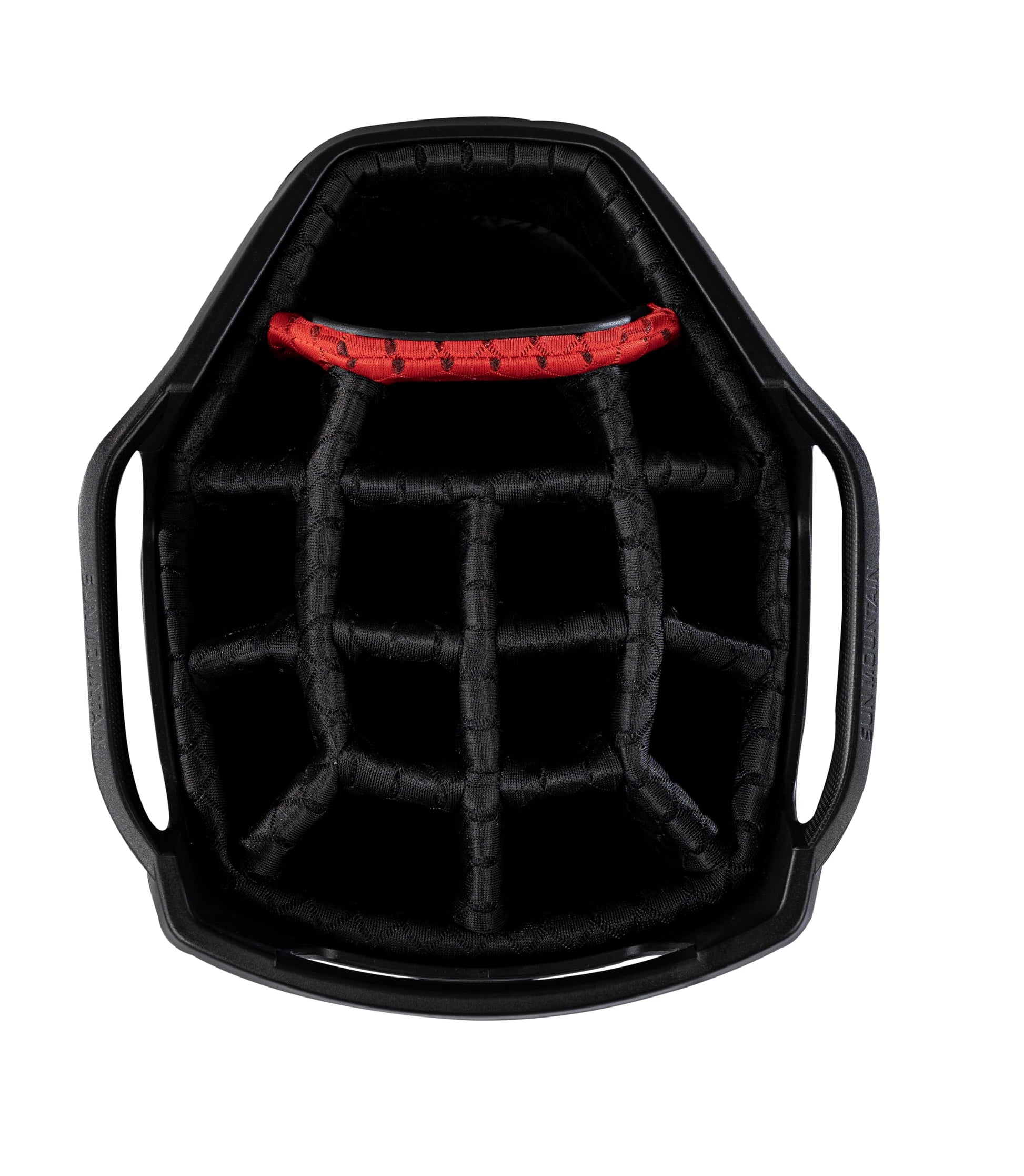 Close-up of a golf bag 14-way top in black.