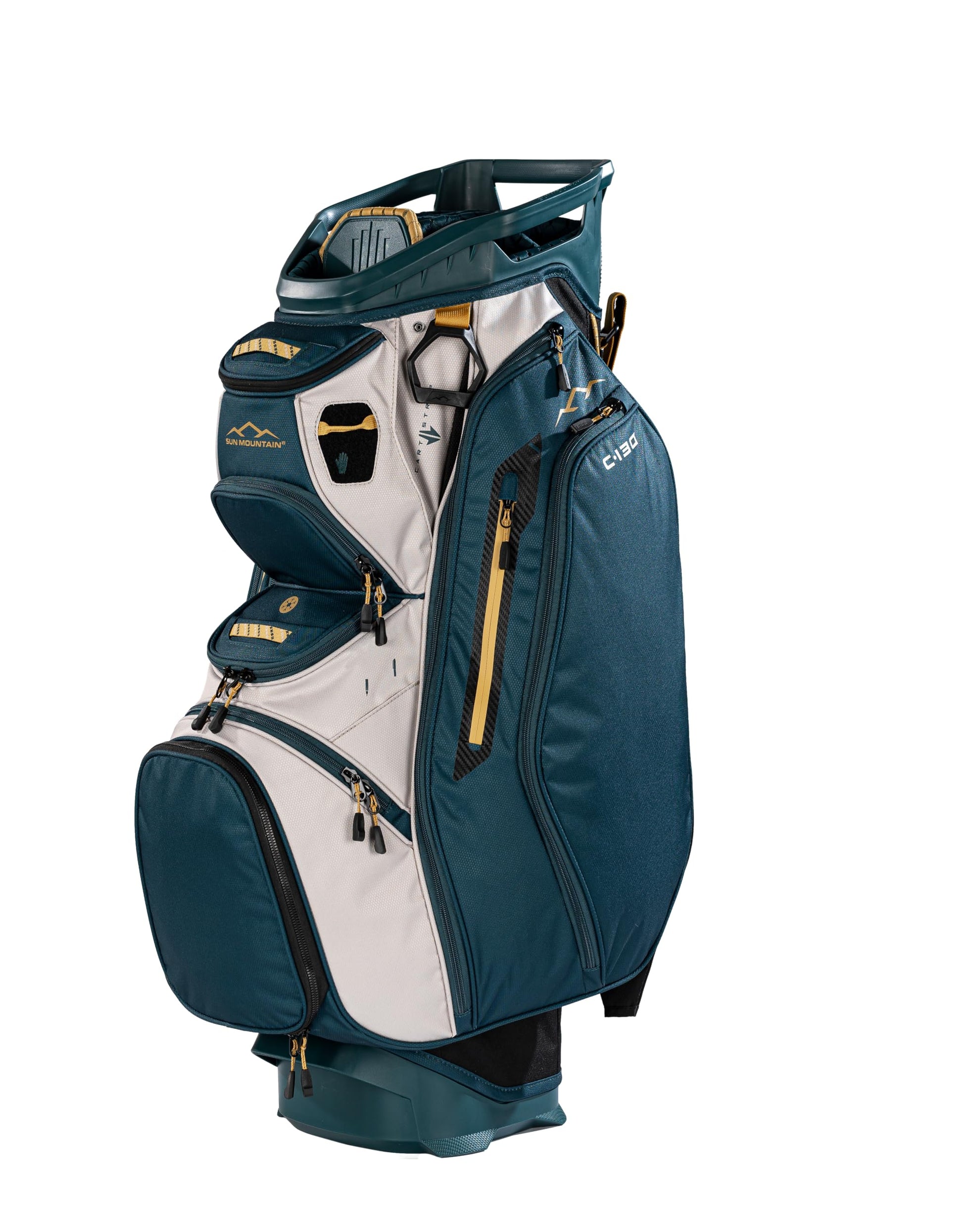 Blue and white golf bag with gold accents on a white background